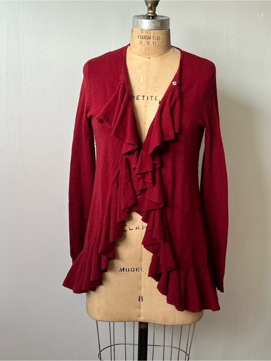 Ralph Lauren Sweaters - Ralph Lauren Sport Ruffled Open-Front Cardigan - Burgundy